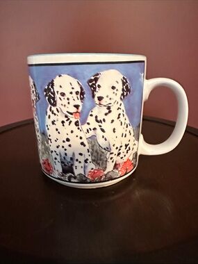 Vintage Dalmatian Puppy Ceramic Mug - Blue Background